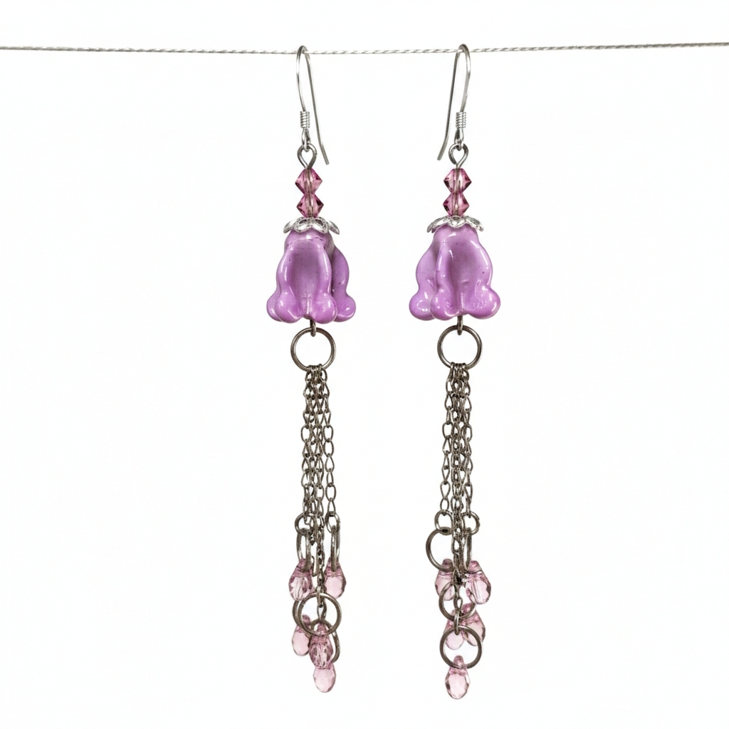 Crystal 3.5" Earrings Jellyfish 925 Sterling Silver Wire Handmade Purple Ceramic